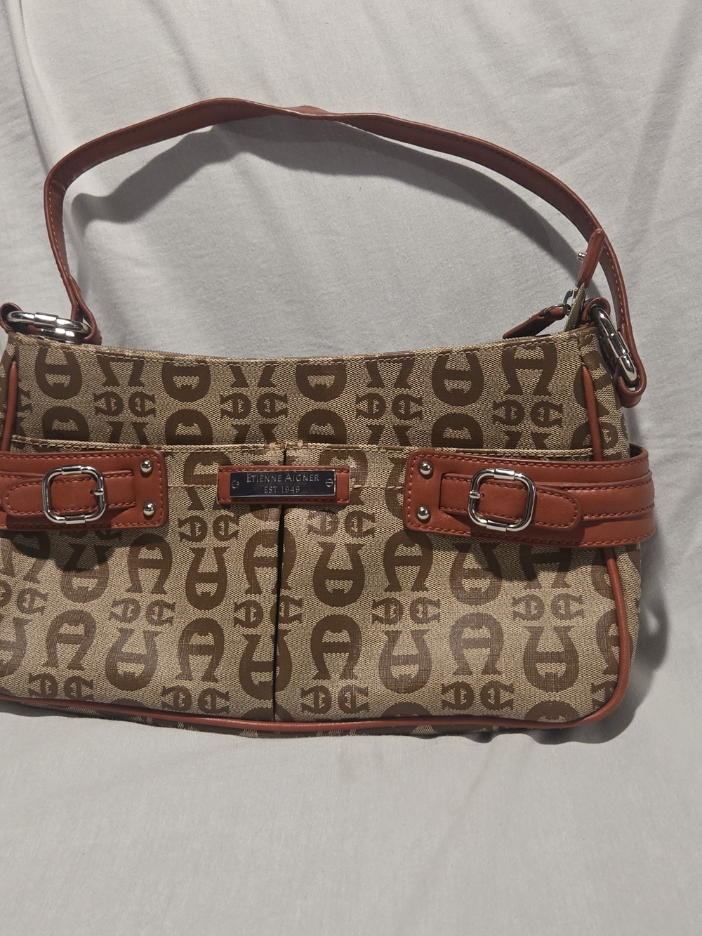 Etienne Aigner Vintage Y2K Monogram Canvas Baguette Shoulder Bag Leather Trim